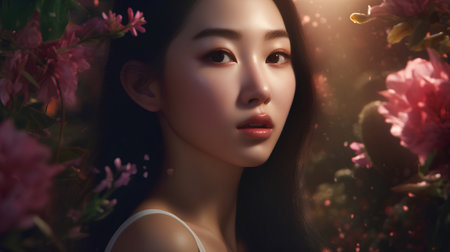 Beautiful asian girl with pink flowers in her hair. Natural beauty concept.の素材