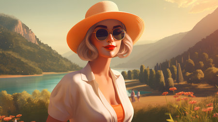 Beautiful blonde woman in hat and sunglasses on the background of mountains.の素材