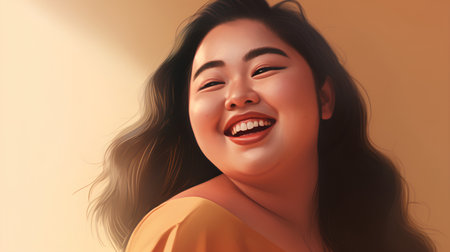 Portrait of a beautiful young asian woman laughing on brown backgroundの素材