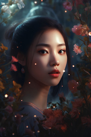 Portrait of a beautiful asian woman with red lips and flowersの素材