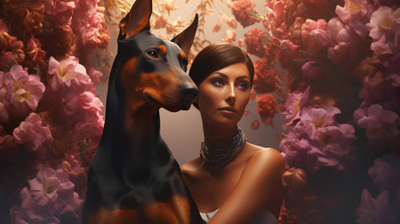 Beautiful young woman with black doberman dog on floral background.の素材