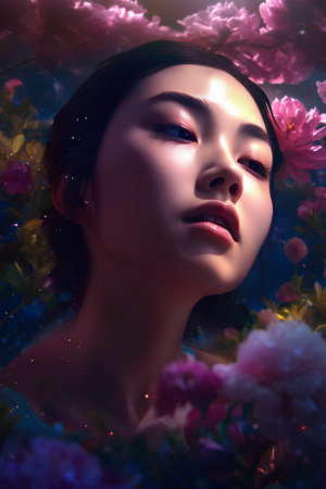 Beautiful asian woman with flowers in her hair. 3d renderingの素材