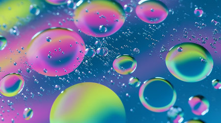 Colorful abstract background with oil drops on water. Macro photography.の素材