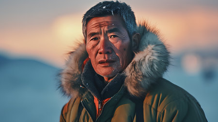 Portrait of an old man in winter clothes on the background of the mountainsの素材
