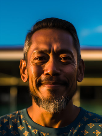Portrait of a handsome Indian man smiling at the camera outdoors.の素材