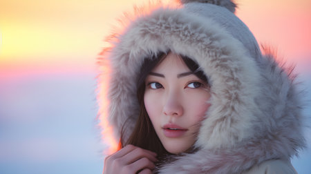 Beautiful asian woman in winter warm clothing outdoor at sunset.の素材
