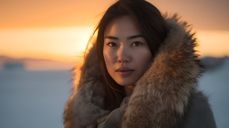 Portrait of a beautiful asian woman wearing fur coat and looking at camera.の素材