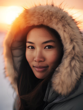Portrait of a beautiful asian woman in winter coat at sunsetの素材