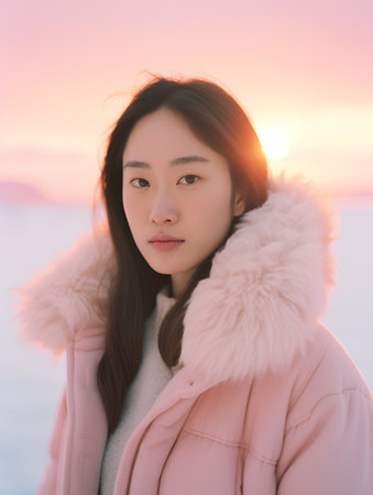 Portrait of beautiful young asian woman in pink coat and fur hood in winter at sunset.の素材
