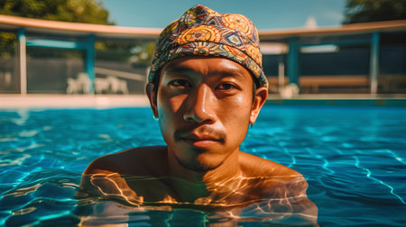 Portrait of a young Asian man in a turban in the swimming poolの素材