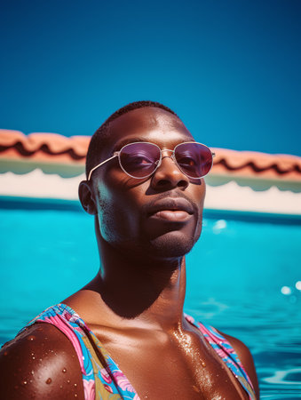 Closeup portrait of young african american man in swimsuit and sunglasses at swimming poolの素材