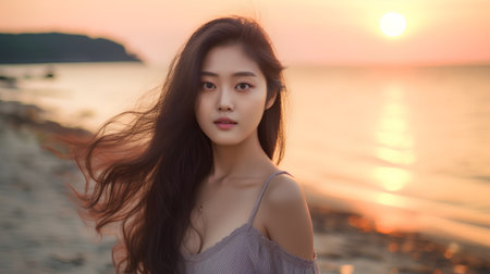 Portrait of beautiful asian woman with long hair at sunset beachの素材