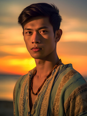 Portrait of a young handsome asian man on the beach at sunsetの素材