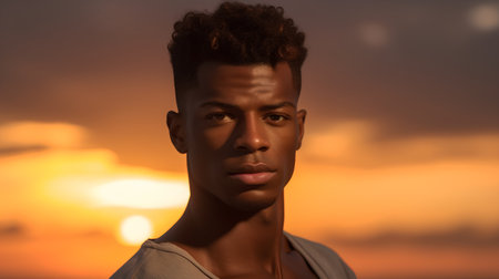 Portrait of young african american man on sunset background.の素材