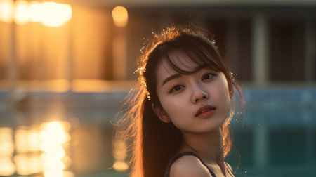 Portrait of a beautiful asian woman in swimming pool at sunsetの素材
