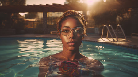 Beautiful young african american woman in swimming pool at sunsetの素材