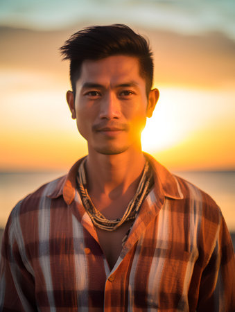 Portrait of young handsome asian man on the beach at sunsetの素材