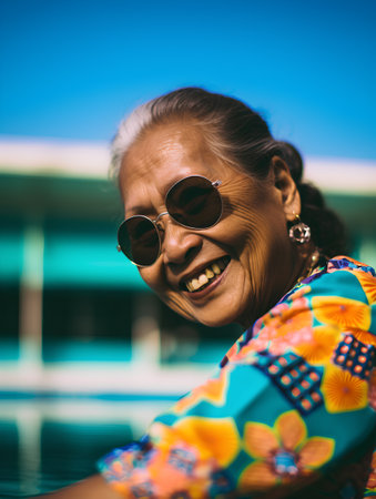 Portrait of smiling senior Asian woman wearing sunglasses in swimming pool.の素材