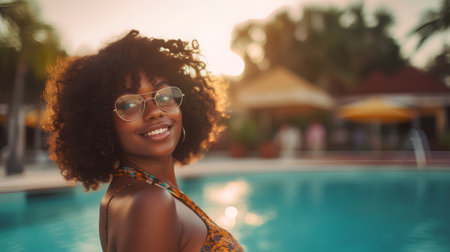 Portrait of beautiful young african american woman with afro hairstyle and sunglasses at swimming pool.の素材