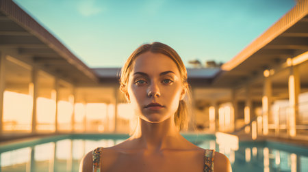 Portrait of a beautiful young woman in the swimming pool at sunsetの素材