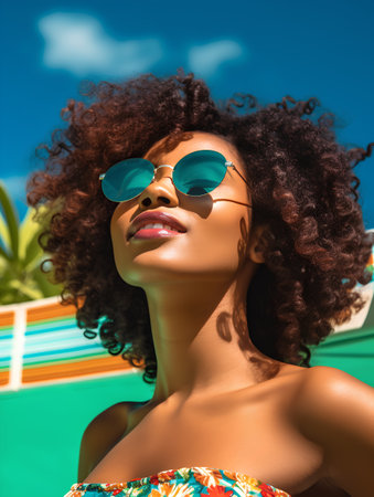 Portrait of beautiful african american woman with afro hairstyle and sunglassesの素材