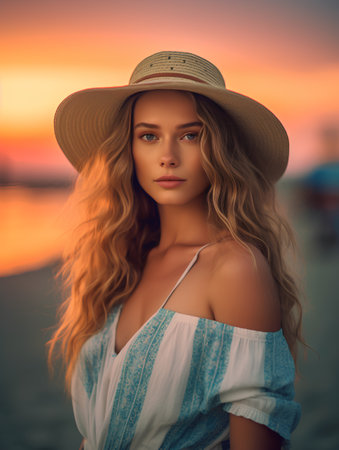 Portrait of a beautiful girl in a hat on the beach at sunsetの素材