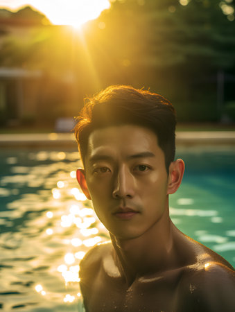 Portrait of young handsome asian man in swimming pool at sunsetの素材