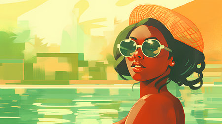 Beautiful young woman in a hat and sunglasses. Vector illustration.の素材