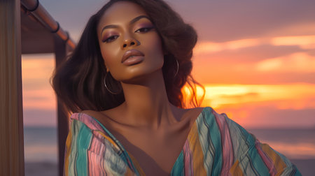 Portrait of a beautiful African-American woman on the background of sunset.の素材