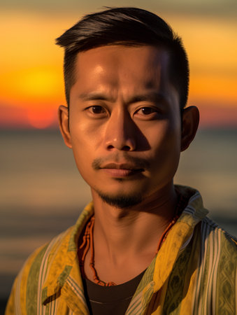 Portrait of a young asian man on the beach at sunsetの素材