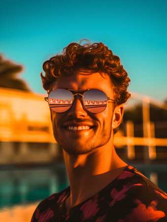 Portrait of a handsome young man wearing sunglasses at the swimming poolの素材