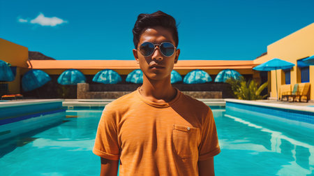 Portrait of a handsome young asian man in orange t-shirt and sunglasses standing near swimming pool.の素材