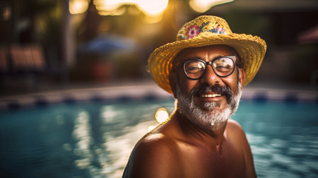 Portrait of happy senior man relaxing in swimming pool at sunset.の素材