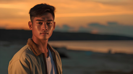 Portrait of a young handsome asian man on the beach at sunsetの素材
