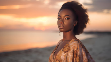 Beautiful african american woman with afro hairstyle at sunset.の素材