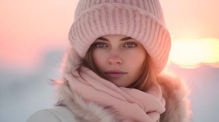 Portrait of beautiful young woman in winter hat and scarf looking at cameraの素材