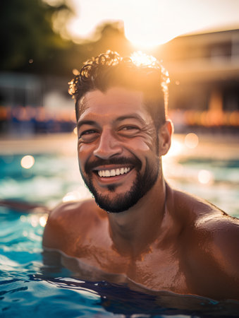 Handsome young man smiling and looking at camera in swimming poolの素材