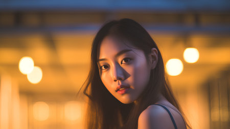 Portrait of a beautiful asian woman in the city at nightの素材
