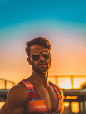 Young handsome man in sunglasses and swimsuit at sunset in the cityの素材