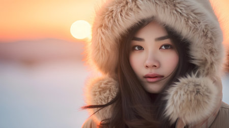 Beautiful asian woman in winter hat with sunset background, asian beautyの素材