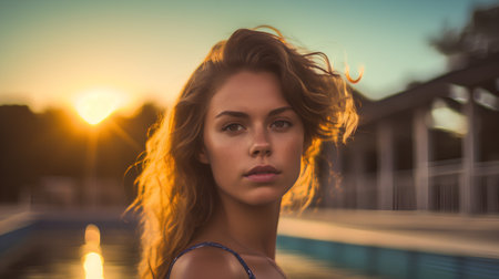 Portrait of a beautiful young woman in a swimming pool at sunsetの素材