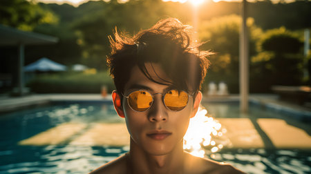 Portrait of a young man in sunglasses at the swimming pool.の素材