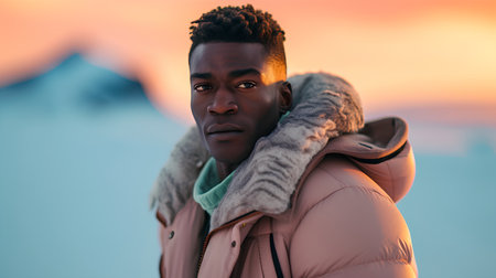 Close up portrait of a handsome young african american man wearing warm jacket and scarf, looking at camera while standing outdoors at sunsetの素材
