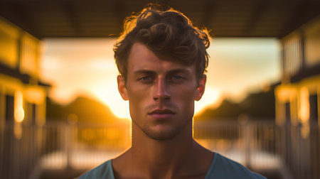 Portrait of a handsome young man on a balcony at sunrise.の素材