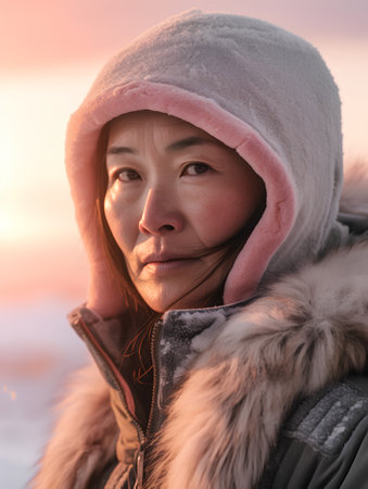 Portrait of a beautiful asian woman in winter coat and hat at sunsetの素材