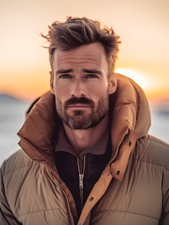 Handsome bearded man in warm jacket looking away while standing outdoors at sunsetの素材