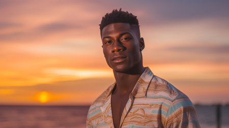 Portrait of a young african american man on the beach at sunsetの素材