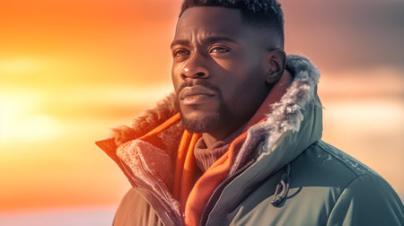 Portrait of an african-american man in a warm jacket on a sunset background.の素材