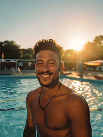 Portrait of a smiling young man standing by the pool at sunsetの素材