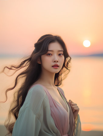 Portrait of a beautiful asian girl with long hair at sunset.の素材